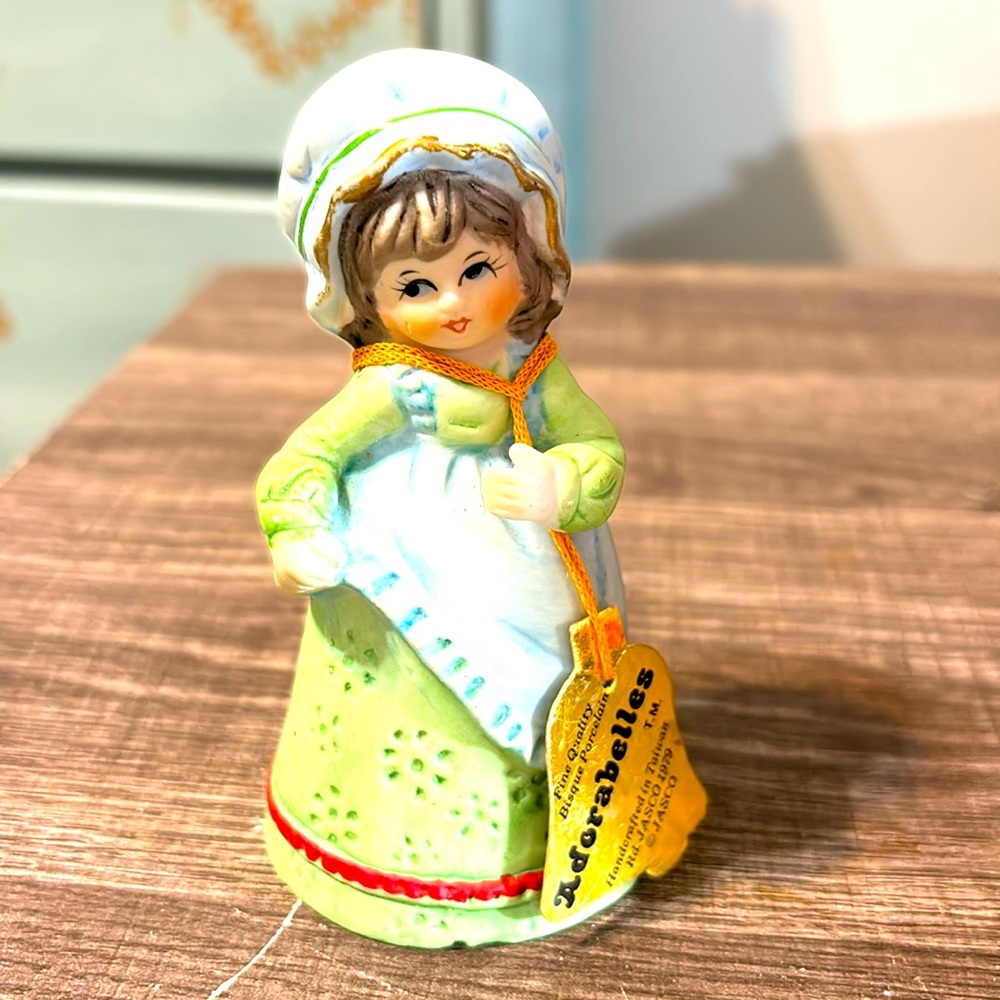 Vintage Adorabelle Bisque porcelain bell 1970's original tag numbered 2,